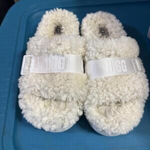 Ugg Fluffita Metal Buckle Real Fur White Chunky Platform Slide Size 8